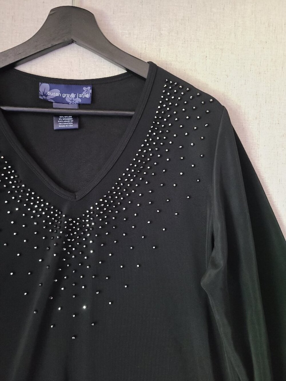 Susan Graver Liquid Knit Tunic Top L Beaded Black Pull On Office Travel Slinky